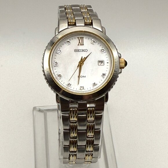 Vintage Seiko MOP Silver Gold Diamonds Accents Ladies Watch Working - Picture 1 of 9